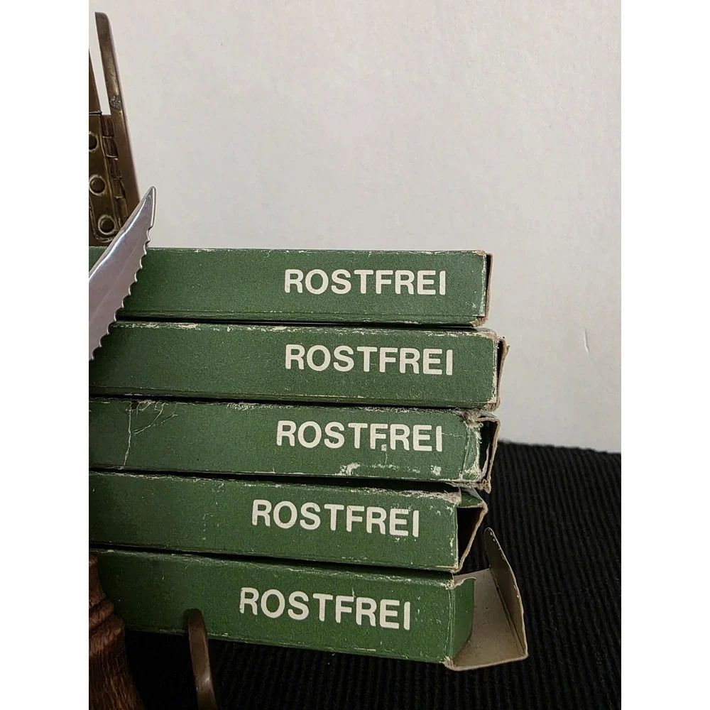Set of 10 Vintage Rostfrei Steak‎ Knives Serrated Stainless Steel Wood Handles